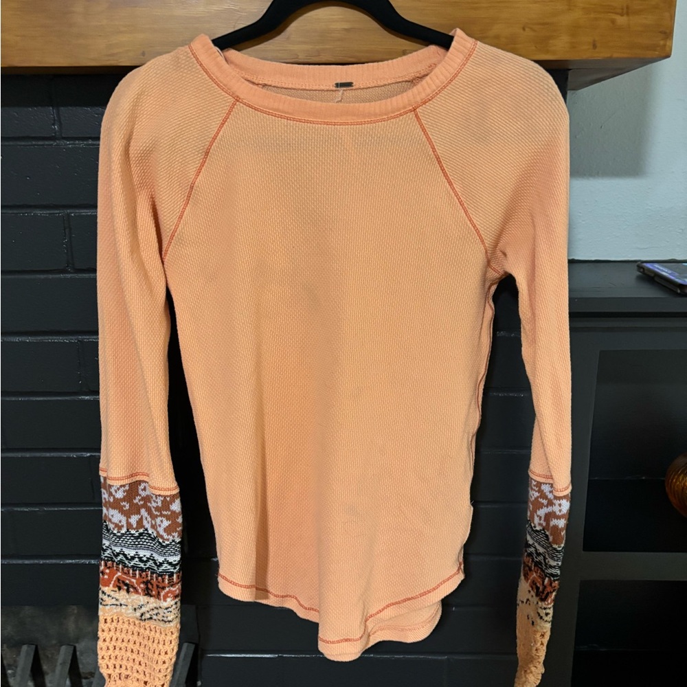 Free People Peach Long Sleeve Top with Patterned Cuffs